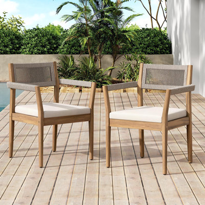 Cieanna Mid-Century Coastal Acacia Wood Outdoor Dining Chair With Rope Back And Cushion by Bay Isle Home