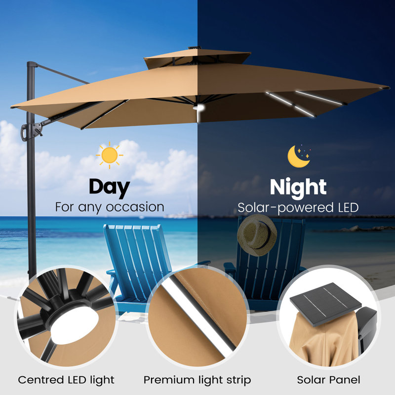 Parasol en porte-à-faux de patio carré 11 pi 11 pi avec lumières DEL solaires et base lestée, Tanné