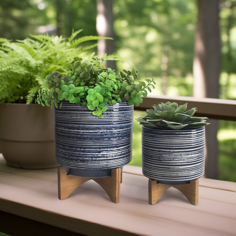 Pot à fleurs en céramique sur support en bois Baltz | Pot moderne en grès avec base décorative, Rayé gris, 2