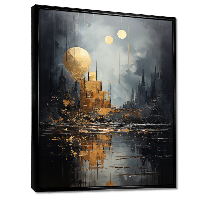 Golden Cityscape Full Moon Reflection - Art abstrait paysage mural, Toile avec cadre flottant brun