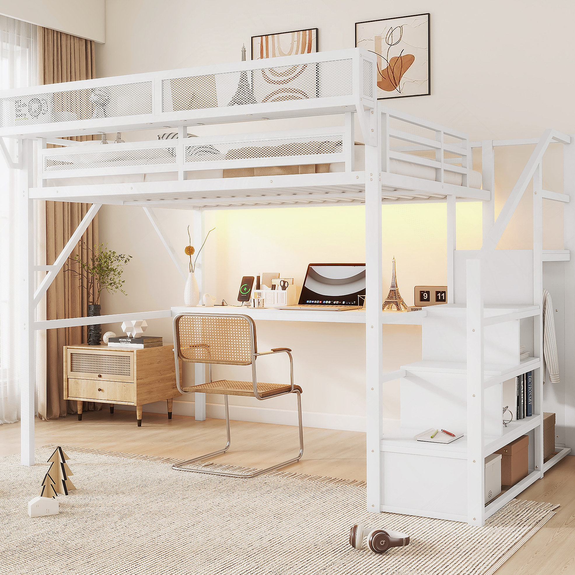 Harriet Bee Full Loft Bed With Desk And Charging Station, Queen Size ...
