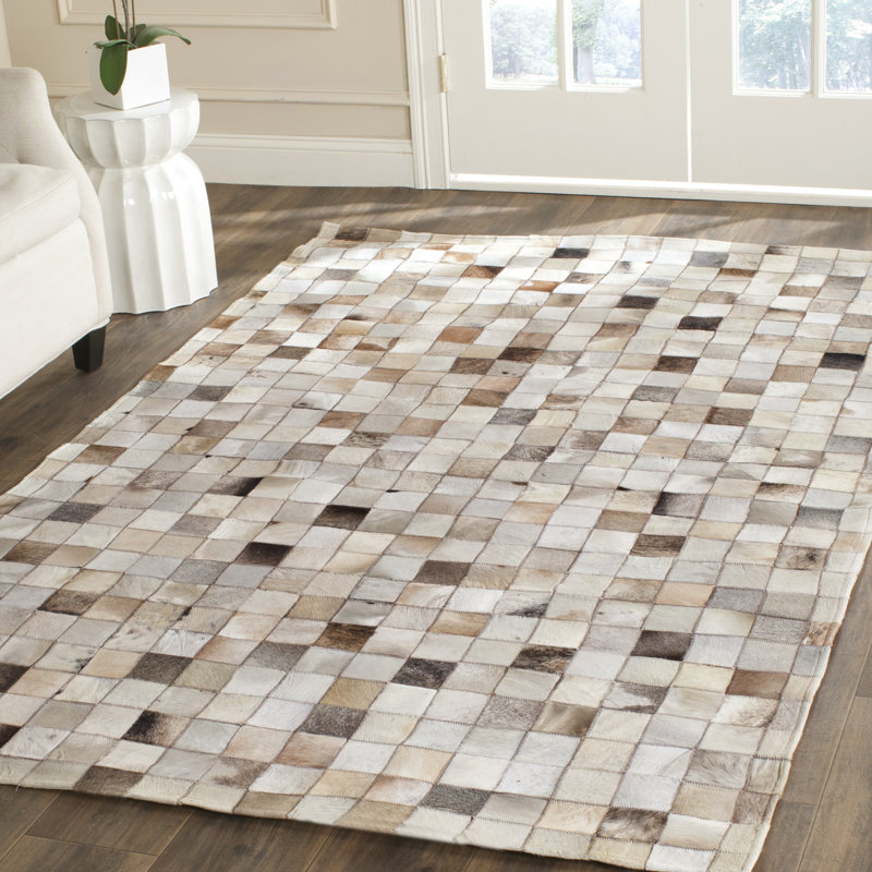Yasmine Geometric Cowhide Hand Woven Area Rug, Rectangle 122 x 183 cm