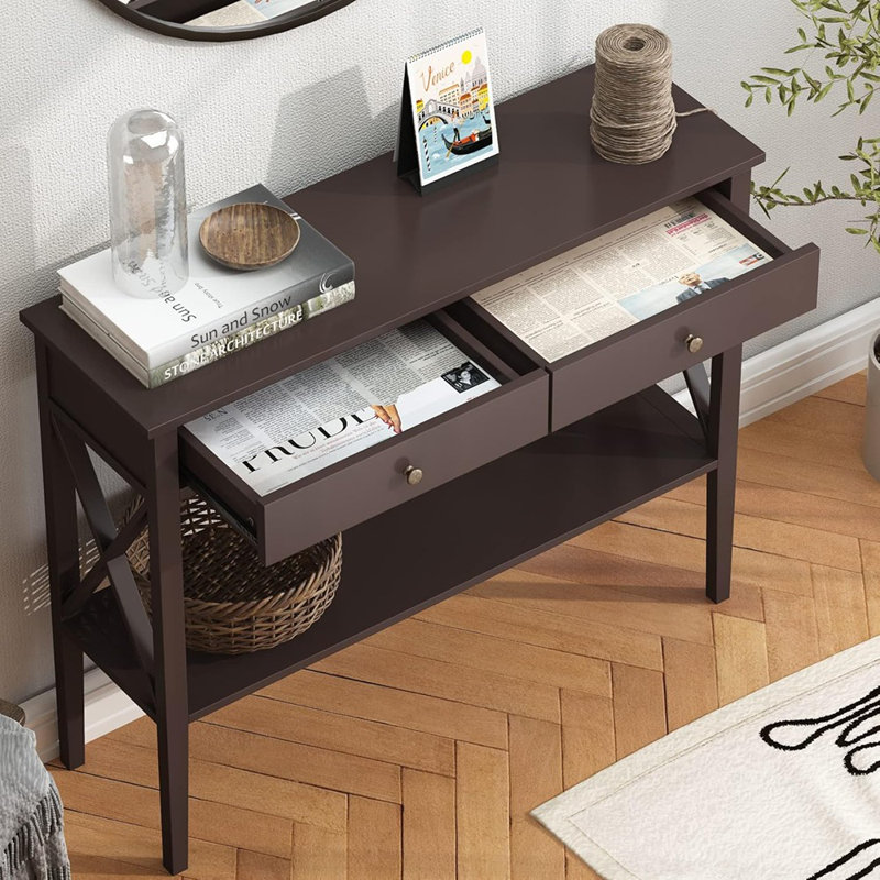 Console avec tiroirs, tabouret d'appoint en bois