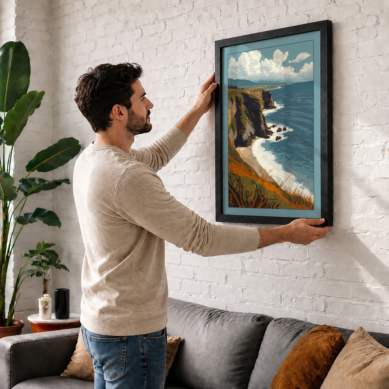 Cliffside Seascape Coastal - Framed Print, A2 - 59.4 x 42.0 cm, Oak