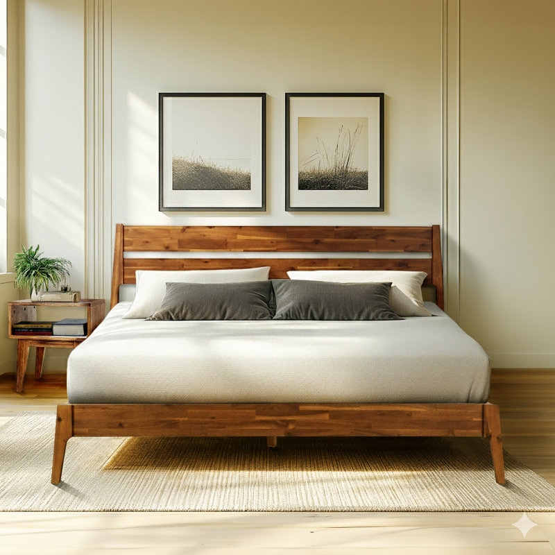 Ensemble de chambre à coucher 2 pièces - Structure de lit plateforme en bois massif et table de chevet assortie, style scandinave moderne Mid-Century, capacité de 800 lb, aucun sommier nécessaire