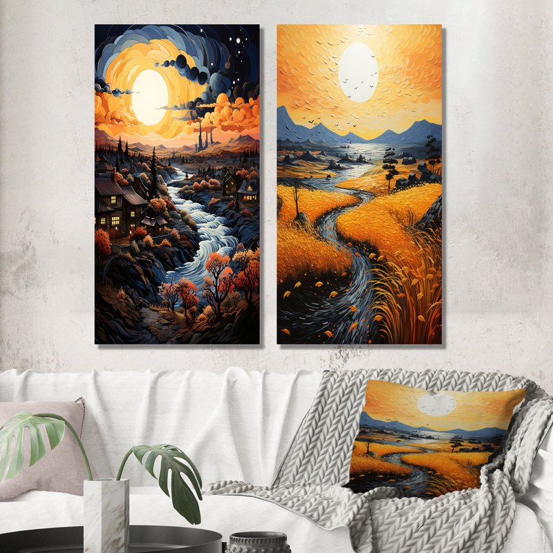 «Vangogh Village At Sunset», 2 pièces, Toile tendue, H 40 po x l 40 po