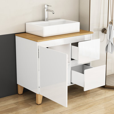 31.5-Inch Modern Vanity With Sink, 1 Door 2 Big Drawers, Soft-Close, Solid Wood Top, Square Ceramic Basin, Glossy White For Guest En Suites 31.5-Inch, Bathroom Vanity, Soft-Close Mechanism, White,