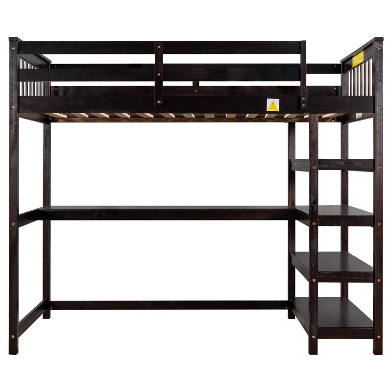 Lit mezzanine avec tablettes de rangement et bureau sous le lit, Simple, Espresso