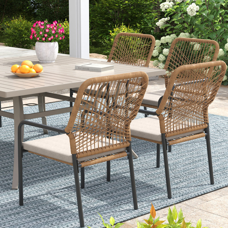 Ensemble repas pour 8 personnes avec très grande table carrée et chaises rembourrées empilables en rotin, Coquillage de sable