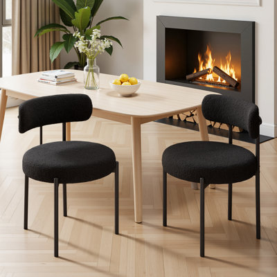 Dining Chairs Modern Teddy Fabric Upholstered Chairs with Curved Backrest and Black Metal Legs