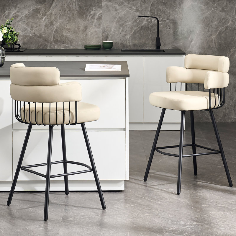 Upholstered Counter Stool with Metal Frame, Beige