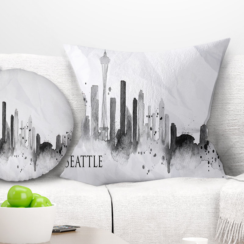 Coussin de silhouette cityscape, peinture seattle, Gris