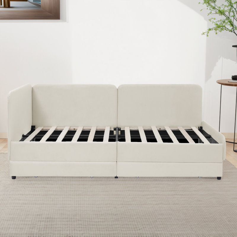 Lit de jour rembourré avec tiroirs et planches latérales réglables (sans matelas), Beige, Lit simple