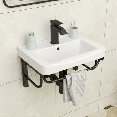 20" L x 14" W Wall Mount Bathroom Sink with Towel Rack White Ceramic Wall Hung Sink with Overflow for ADA Bathrooms