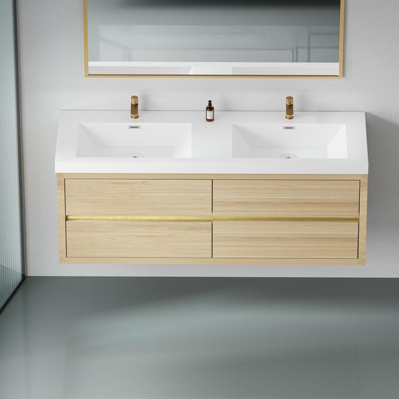 60" Wall-Mounted Bathroom Vanity, Oak Natural Wood