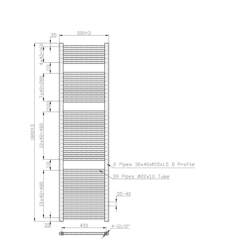 Pifer Straight Towel Rail Heated Towel Rails, 180cm H x 50cm W x 3cm D, White