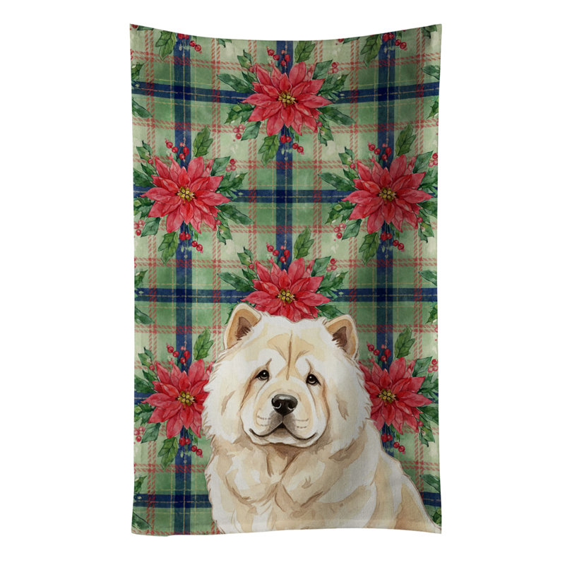 Cream Chow Chow Christmas PoinsettIas Kitchen Towel, Cream Chow Chow