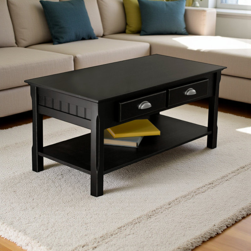 Cydne 2-Drawer Coffee Table With Shelf in Black Finish, 17.13'' H X 37.99'' W X 19.53'' D