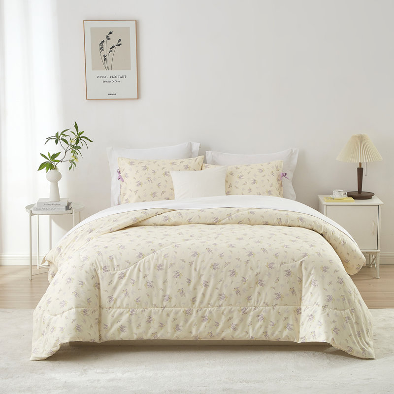 Microfiber Floral Print Comforter Set, Beige Floral, Queen Comforter + 2 Pillowcases