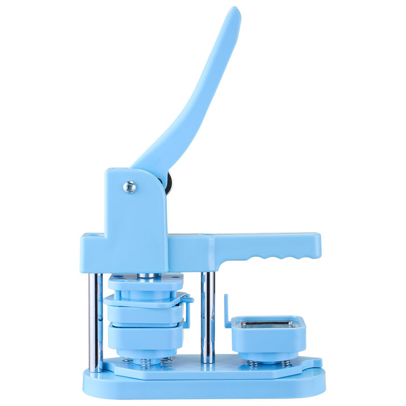Machine à boutons, carrée de 1,97 po x 1,97 po, broches en plastique avec coquilles avant en fer-blanc, couvercles arrière en plastique, supports magnétiques et films transparents, poignée ergonomique, pour badges de bricolage, bleu