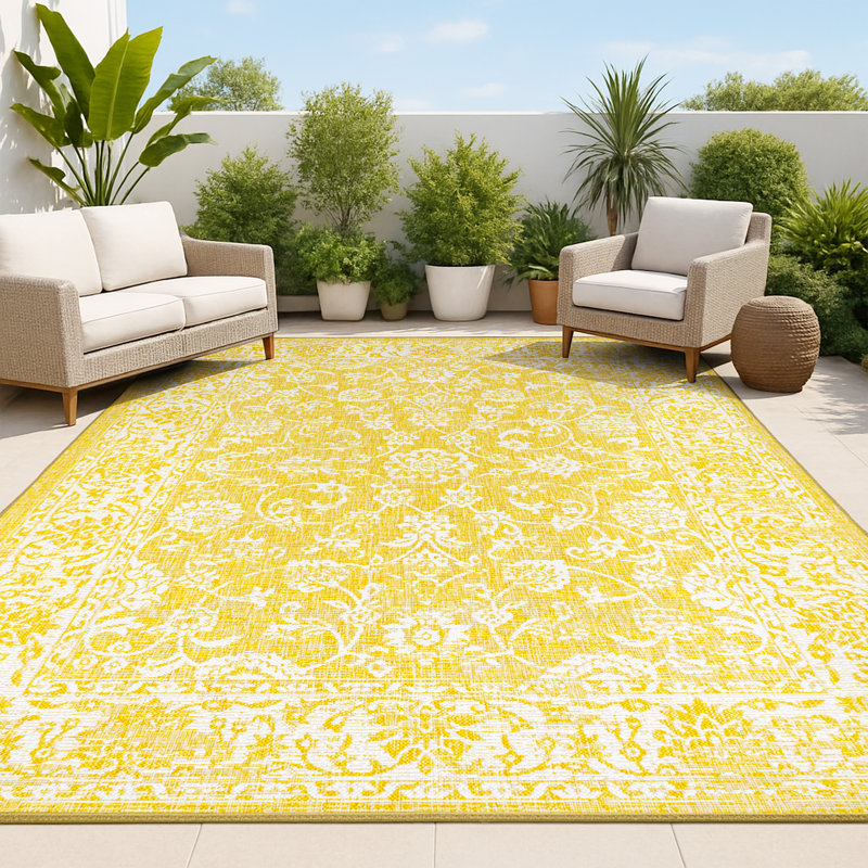 Delcine Bohemian Textured Weave Floral Yellow/Cream Indoor/Outdoor Rug, Rectangle 3'11" x 6'