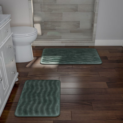 2 Piece Bathroom Rug Set - 32x20 Inch and 23x17 Inch Memory Foam Bath Mats with Textured Wave Print for Stylish Bathroom Decor - Bath Rugs Non Slip Washable Bathmats  (Green)