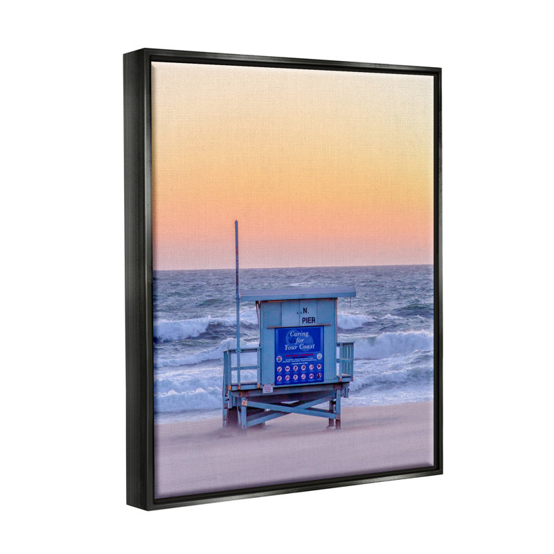 «Tranquil Orange Sunset Beach Hut Ocean Shore» par Jeff Poe, H 21 po x l 17 po x P 1,7 po, Cadre flottant noir de jais