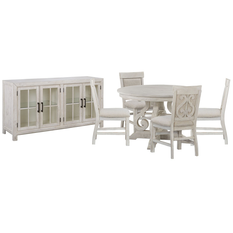 Jaavon 48" Round Dining Table With 4 Upholstered Side Chairs And Buffet, 6 Pieces: Table, 4 Chairs, Sideboard, White