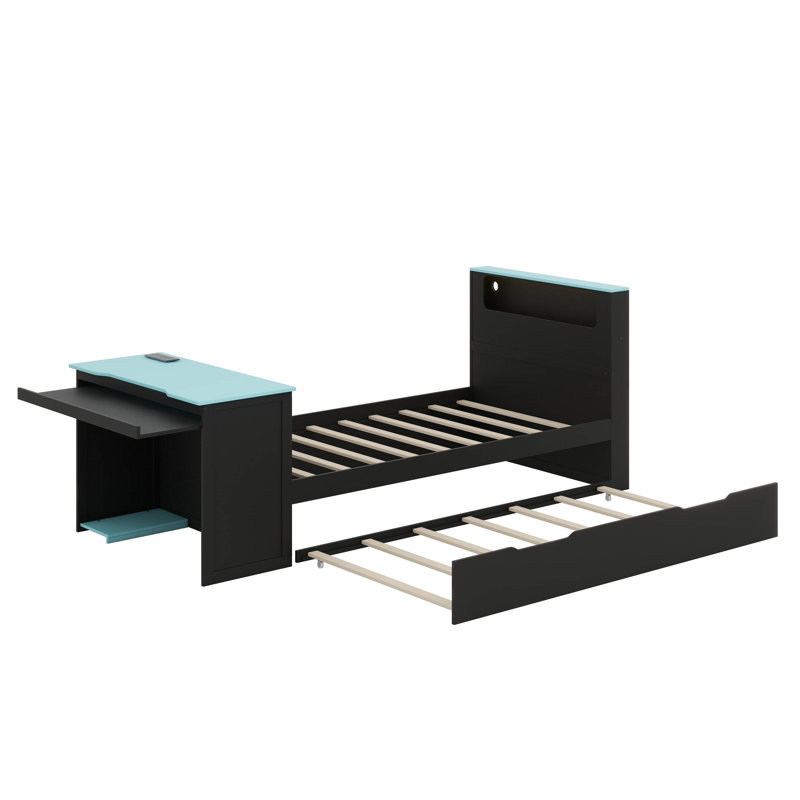 Le lit de jour simple en bois comprend un lit gigogne, un bureau, un éclairage à DEL et un port USB, Lit simple, Noir / Bleu