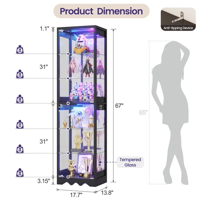 67.9'' H x17.7'' W 6-Tier Glass Display Cabinet  With RGB Lights, Black