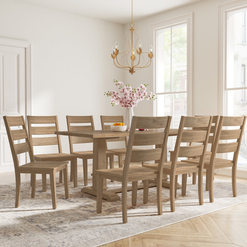 Table de salle à manger à tréteaux avec chaises en bois massif Heymann, 9 pièces : table, 8 chaises, Tanné