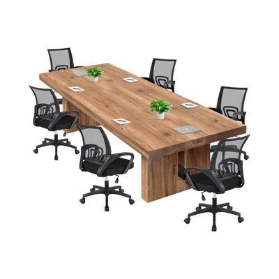 Modern Natural Wood-tone Rectangular Solid Wood Conference Table And Chair Set With Black Mesh Office Chairs