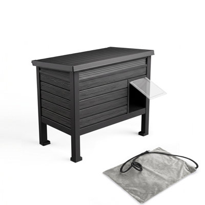 Elevated Black Resin Cat Shelter with Cozy Cushion – Weatherproof Indoor/Outdoor