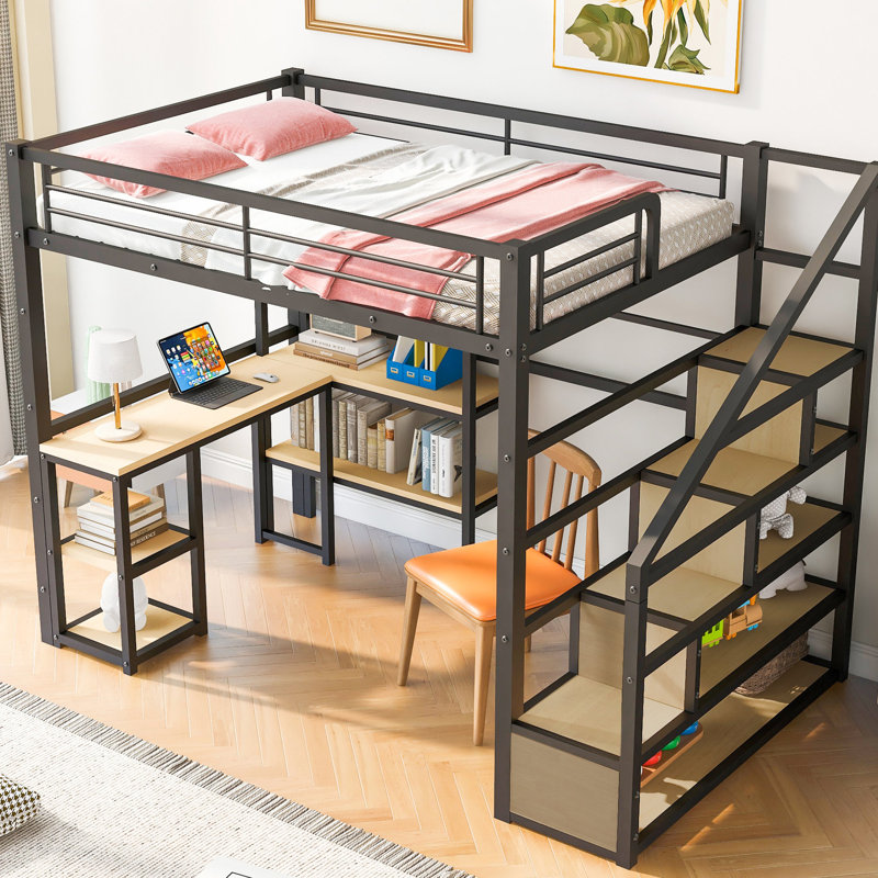 Lit mezzanine double en métal noir avec escalier et bureau / tablettes fonctionnels - construction, escalier moderne sans sommier, bureau et tablettes