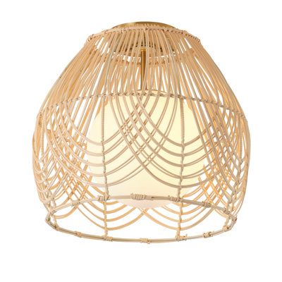 14.17" Rattan Dome Semi Flush Mount Light with Polished Brass Base, Dimmable & ETL Certified