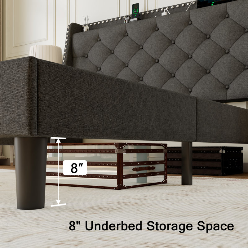 Full Size Bed Frame with Wingback Button Tufted Storage Headboard and Type AC Ports,Upholstered Platform Bed,Wooden Slats Support,No Box Spring Needed,Noise-Free,Dark Grey