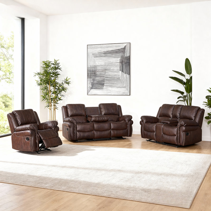 Ensemble de salon inclinable 3 pièces: chaise, 2 places et 3 places avec console, table rabattable et porte-gobelets, Brun