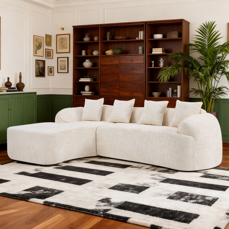 Canapé en L en chenille avec 4 coussins et accoudoirs courbés, Chenille beige
