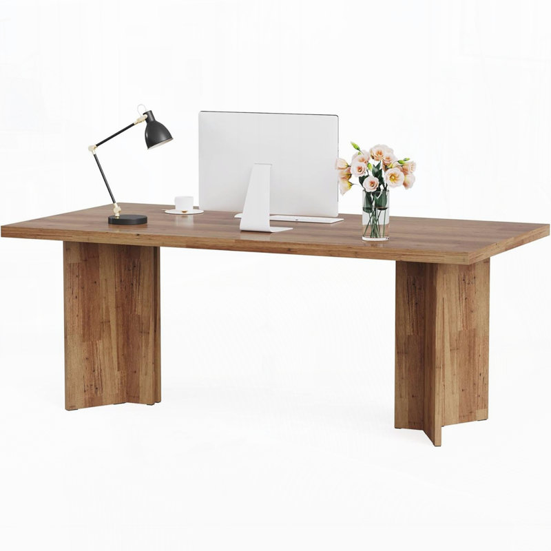 63" Farmhouse Executive Desk – Vintage Wood Computer Workstation With Thickened Tabletop, Large Writing & Conference Table