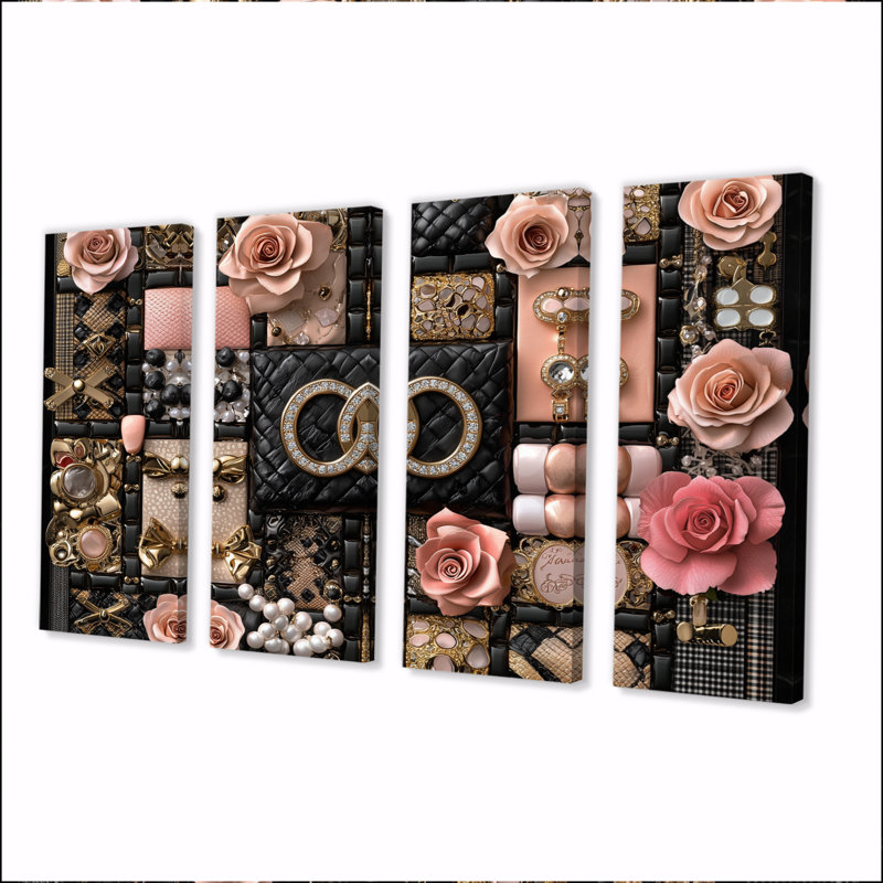 Rose et noir, motif géométrique glamour II - ensemble d'art sur toile tendance, H 32 po x l 64 po