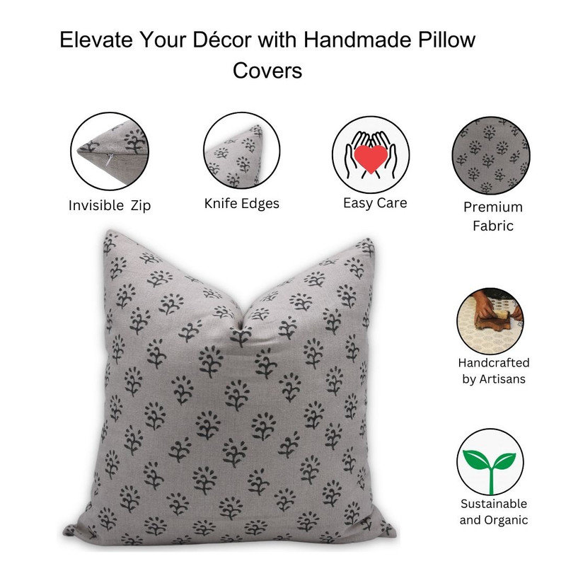 Linen Pillow Cover, 14" x 14", Square, Gray Floral 1