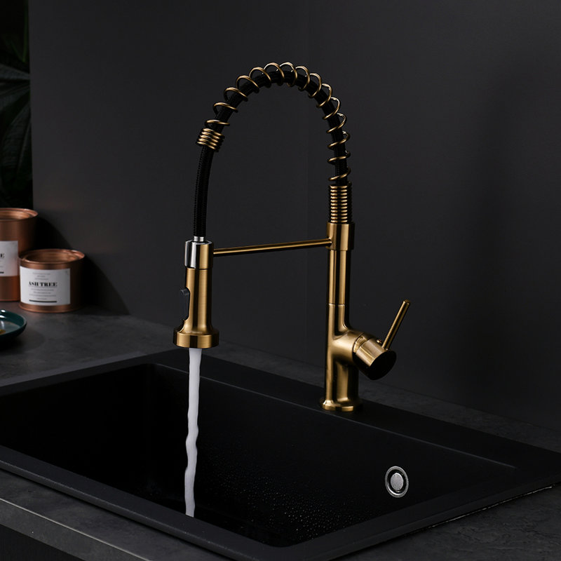 Contemporary Gold Kitchen Faucet With Pull Down Segment, Single Handle Lever, 360 Rotation, High Arch Spout, Ceramic Filler, Brass Commercial Unit,