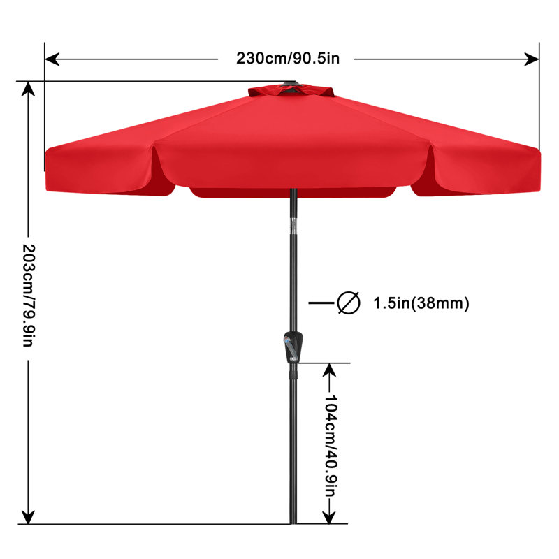 Parasol de marché festonné Holmquist avec inclinaison et levage à manivelle, Rouge, 7.5'
