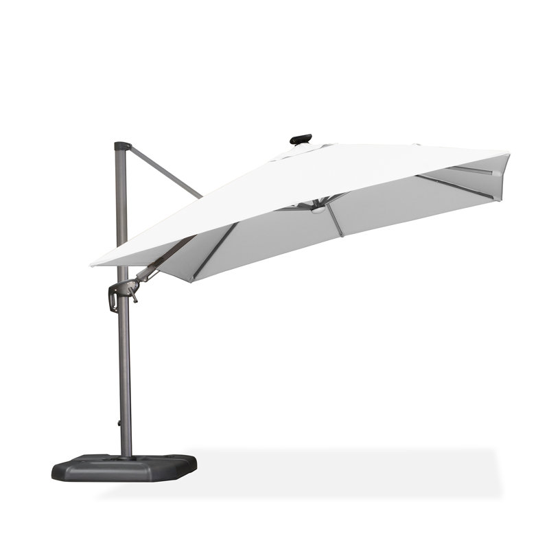 Rosemin 10' Square Lighted Cantilever Umbrella with Base and Solar Powered LED Swivel, White