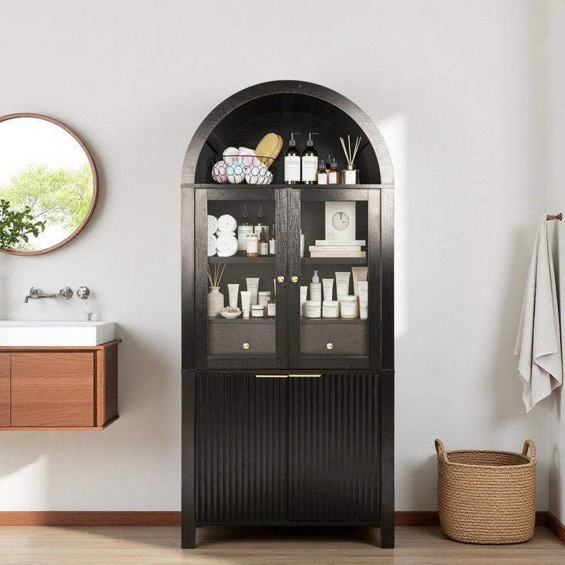 Grande armoire de rangement cannelée 71 po avec tablettes réglables, rangement élégant avec tiroir caché et porte vitrée