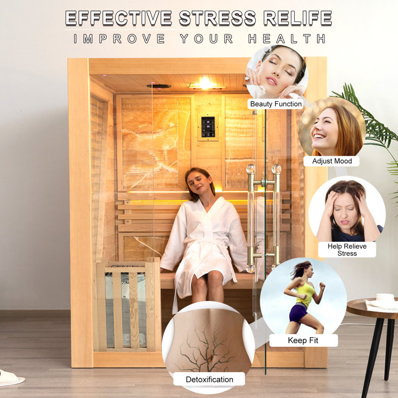 Hylivesaunas Wood Home Steam Sauna, 3 Person Canadian Hemlock Traditional Luxurious Wooden Indoor Spa Room, with 3.5 kw Heater, Bluetooth Speaker, Rocks, Water Bucket, Spoon, Lights, US Instock