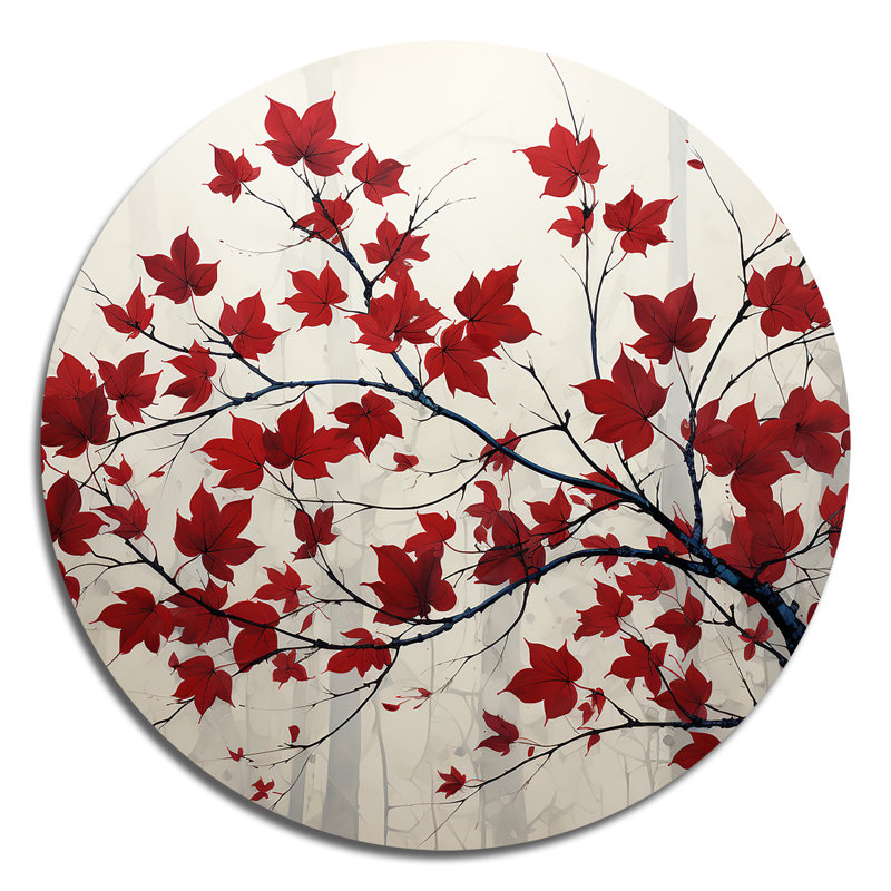 «Red Leaves Scarlet Simplicity», art mural rond en métal à motif floral, H 36 po x l 36 po
