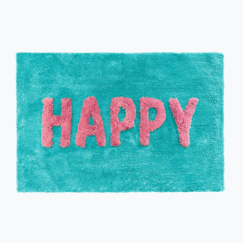 Happy Slogan Rectangle Bath Mat, Turquoise