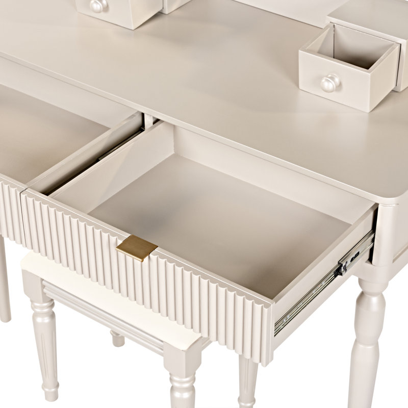Vanity Desk with Height-Adjustable Round Mirror, 4 Drawers & Stool, Champagne