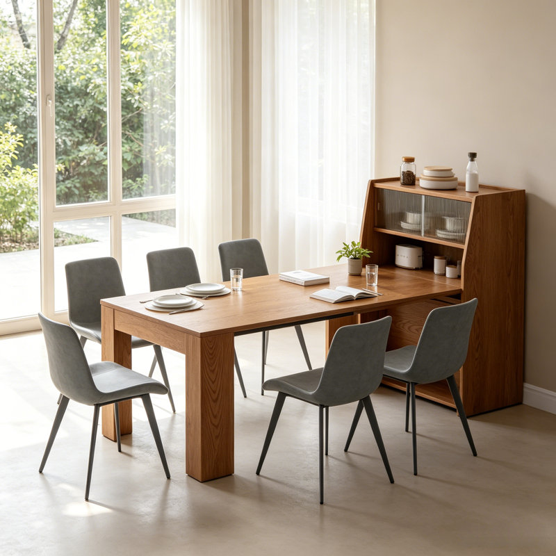 7-Piece Multifunctional Folding Dining Table With Side Cabinet Storage Accommodates 6-8 People Space-Saving 2-In-1 Design Features Sliding Glass Doors Ideal For Kitchens And Living Rooms
